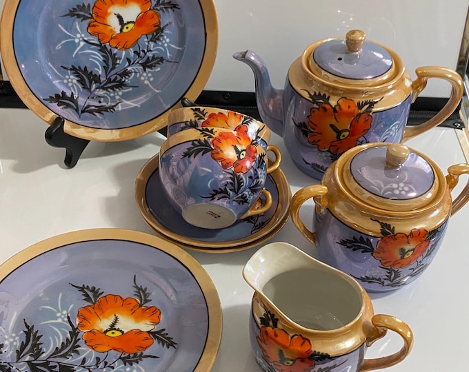 Featured listing image: Japanese Luster Ware, Tea Set, 9 pieces, Poppy Design, 1940s