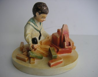 Sebastian Miniatures, Children at Play, Boy playing with blocks, no label 1979, SML 375, Lance 6260