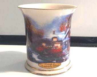 Porcelain Votive Holder, Thomas Kinkade, Evening at Swanbrooke Cottage, original box with candle, unused Prev owned, 2004