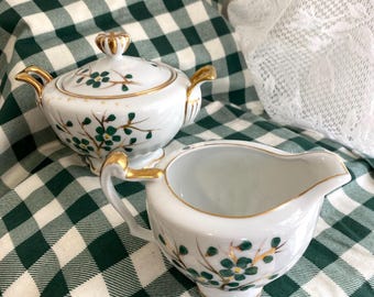 Emerald Sugar Dish with lid & Creamer, 1950s, Regal China, Hand painted