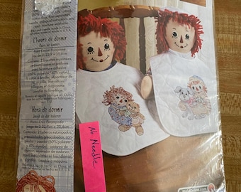 Raggedy Ann & Andy, Cross Stitch, 2 Baby Bibs, previously owned, with instructions, no needle, 45589