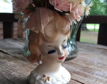 Lady Head Vase, Napcoware, original flowers and earrings, 5”h, C5937