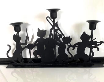 Penco, Jazz Cats, Black Metal, 3 Taper Candle Holder, 1980s
