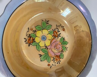 Luster Ware Bowl, hand painted, Peach & Blue, 7.25” diameter
