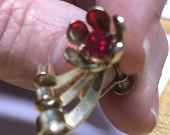 Vintage Gold-plated, earrings, red glass stone, screw back, 1950s era
