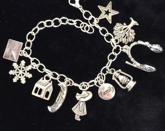 Book, Theme, Shack, Silver Plated Bracelet, Pewter Charms, 8" long TS1