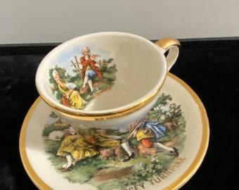 Souvenir of NJ Turnpike, Demitasse Cup & Saucer, 22 KT Gold Trim, Hand Painted