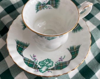 Royal Albert Montrose Tea Cup & Saucer, Gold Trim, Cape Breton Island , Tartan Sash, 1960s