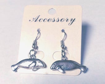 Manatee, double sided, pewter charm, silver plated hooks  MER1