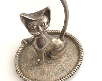 Silver plated, Cat Ring Holder, 1950s, 3.25” diameter x 3.5” tall