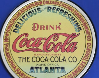 Coca-Cola Alanta, Label, vintage tin sign, 12" dia, repo        RD1070