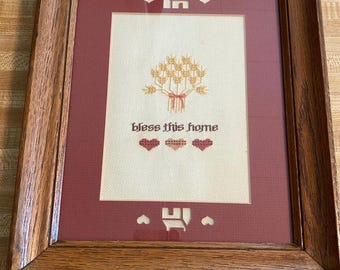 Bless this Home, framed & matted, completed cross stitch, Marsha Meyers, 1990
