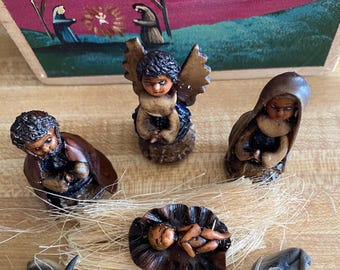 Mexican, Folk Art, Nativity Scene, Clay & Leather, Wood Box