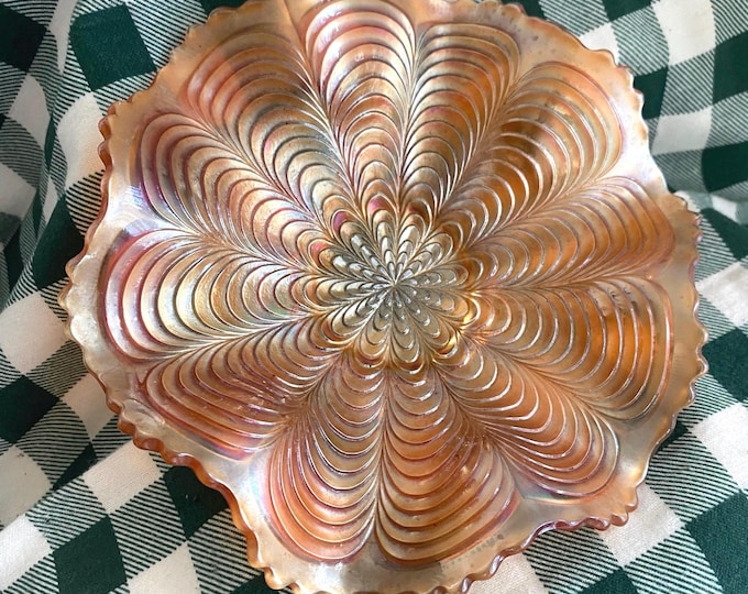 Featured listing image: Vintage Fenton, Peacock Tail, Marigold, Blown Glass, Fenton, Ruffled, 7” dia x 2” h