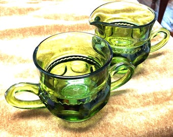 Avocado green, Sugar & Creamer, King’s Crown, Ind Glass, MC, Prev Used