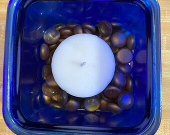 Glass Cube, Cobalt Blue flash painted, 4.5” square with gold beads/candle