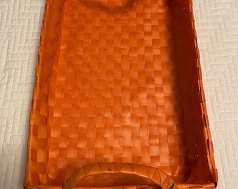 Woven Orange Fabric Basket, measurements 15” x 9.5” x 3”, double handle