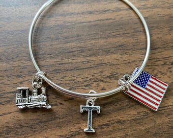 Train, Pewter charm, Bangle Bracelet, stainless steel