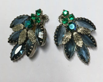 Vintage earrings, green & blue glass  stones, clip backs, 1940s circa, 1 1/2”