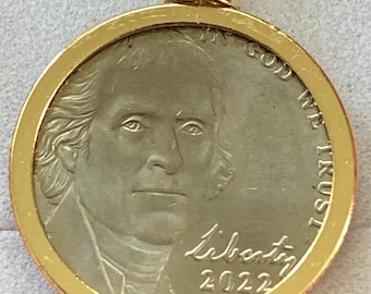Jefferson Nickel Pendant, 2022 P, Gold Plated Bezel & Chain