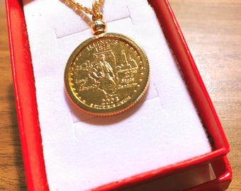 Gold plated, Illinois Quarter, bezel and 18” chain, 2003 D, US Coin