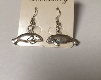 Manatee, double sided, pewter charm, silver plated hooks  MER1