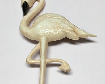 1930-40s Florida souvenir pin, Celluliod, hand painted, Flamingo, 2 1/2” long
