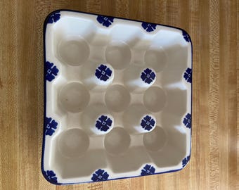 American Atelier Ceramic, Egg Tray, Cobalt Blue design, 1984, 6” square. holds 9 eggs