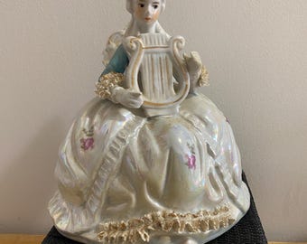 Victorian Lady, Iridescent, Playing Lyre, Japan, 6” tall