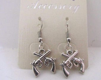 Earrings, Wild West, Double Gun, French Hook, 3-D Charm  DG