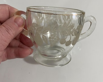 Bartlett Collins Co, Glass Sugar Dish, Dbl handle, 1947, Etched fruit & leaves