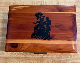 Cedar Jewelry or Trinket Box, 1940s, Victoria Couple Silhouette, Dovetail, 9"x6"x3"