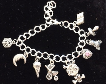 Mother's, First Baby Girl, Silver plated Bracelet, Pewter Charms, 8" MFBG