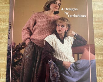 Cable Pullovers, 4 styles by Darla Sims, 1988, Leisure Arts Leaflet 443, knit patterns