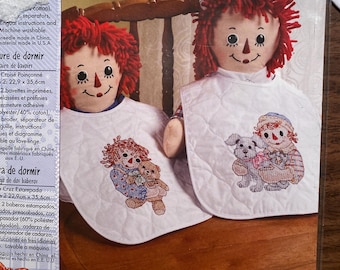 Raggedy Ann & Andy Cross Stitch, Two Baby Bibs, Embroidery Kit