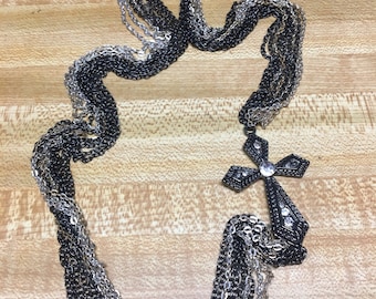 Necklace, Gothic, Marcasite, Cross, Multi Strand, 30" long