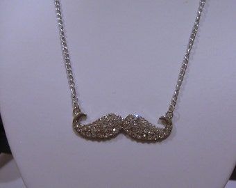 Mustache, Rhinestones, Stainless Steel Chain, 16", I Must Ask You to Back Off                              OOAK-1