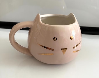 Whimsical, Cat Mug, 3” h x 5.5” w at handle, prev owned, glossy pink with gold accents