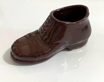 Shoe Planter or Vase, Redware, Brown man’s shoe
