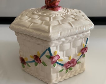 Czechoslovakian, Ceramic Jar, Basket Weave, 1940s, with Rose design