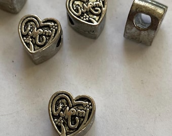 MOM heart, 2 Fashion Beads, European Style, 12mm x 12mm