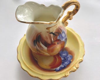 Pitcher & Basin, Hand painted, Gold Trim, Artmark, Country Decor, 3.5” tall, 1950s
