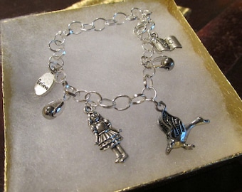 Bracelet, Mother Goose, assorted pewter charms, silverplated bracelet  OOAK-86