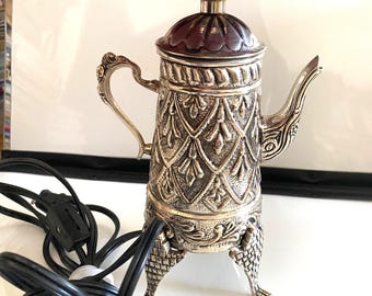 Teapot Table Lamp, made in India, Red velvet shade, electric