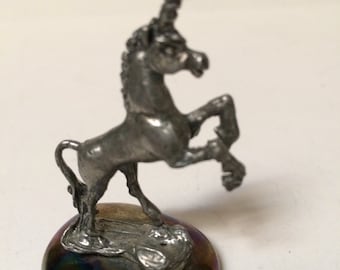 Unicorn, Figurine 2 1/2" tall, Fantasy, solid pewter, on glass base