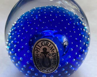 Blue Paperweight, Pilgrim Hand Blown Glass, weighs 1 lb, 3" h