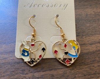 Alice in Wonderland and Rabbit, Heart Shaped, Goldtone, Hooks, Earrings