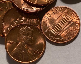 1964 Uncirculated Cents, L on rim, MS, Proof finish, Lincoln Memorial, no mint mark
