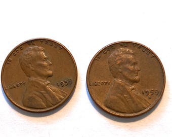 Lincoln Memorial, 1959 & 1959 D cent coins, 2 collectible vintage coins, circulated