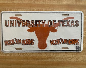Vintage 1990s Texas Longhorns License Plate: Hook'em Horns Aluminum Tag
